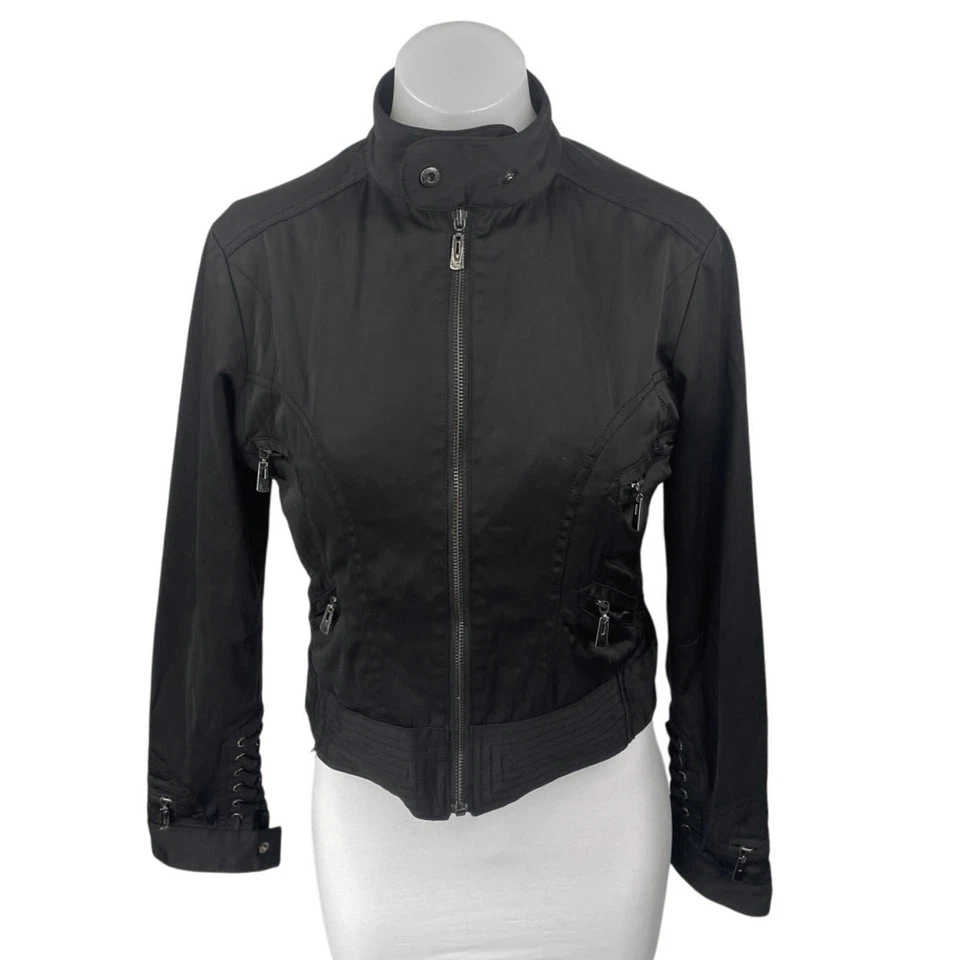 Chaqueta de bombardero Nikibiki para mujer negra con cremallera cuello alto con cordones espalda motociclista M Foto 2 de 4