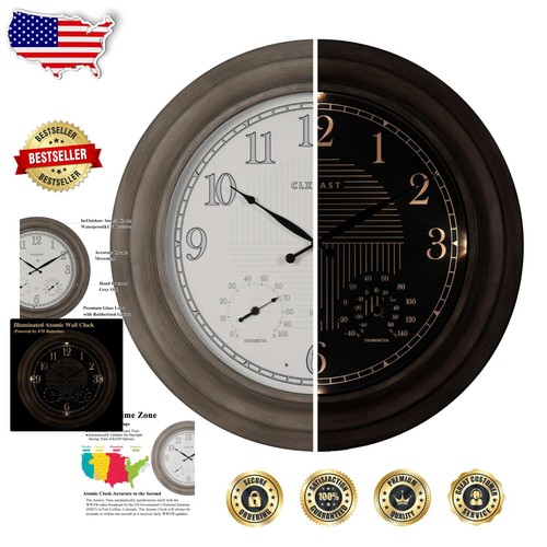 Oversized 24" Farmhouse Grey Oak Atomic Clock - Weatherproof with Temp Display