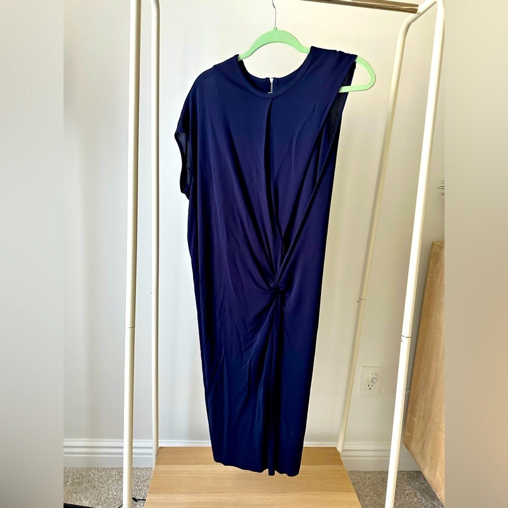 Helmut lang womens asymmetrical faux wrap dress navy blue with hip knot  small