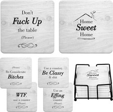 NEW Set of 6 Sone Coasters with Holder Funny Novelty White Elephant Cuss Words