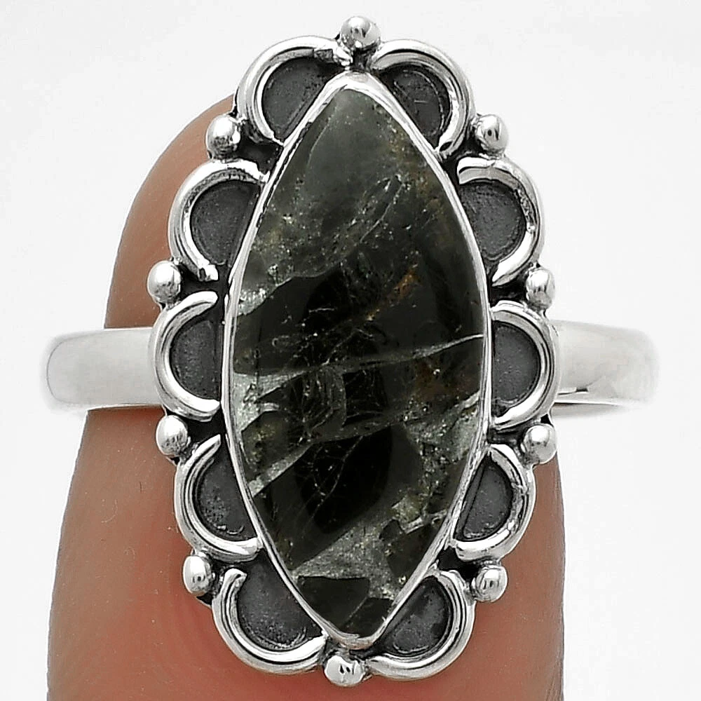 Natural Obsidian And Zinc 925 Sterling Silver Ring s.8.5 Jewelry R