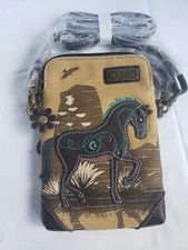 NEW CHALA SAFARI DOUBLE POCKET HORSE BROWN CANVAS CELLPHONE CROSSBODY PURSE #SH1