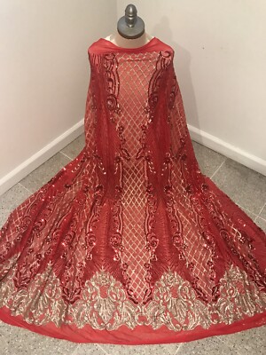 Red Gold 4way Stretch Sequins Embroidered Lace Fabric 50” Width Yard 
