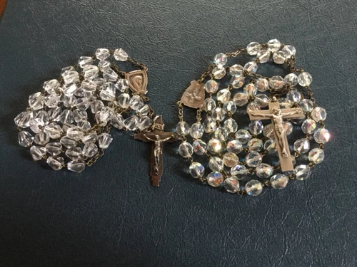 VINTAGE ROSARY STERLING SILVER CROSS CUT CRYSTAL 59 BEADS 30-32 INCHES LOT OF 2