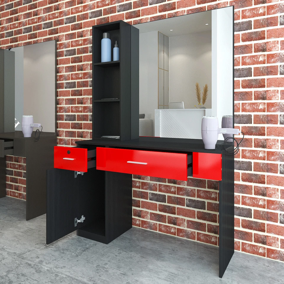 Estaciones de peluquería de salón montadas a mano para artista con espejo (negro + rojo) Foto 4 de 4