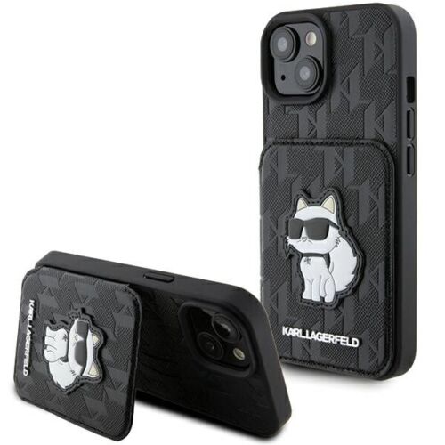 Hülle Case iPhone 15 Karl Lagerfeld aufstellbar Katze Kunstleder schwarz Logo - Bild 1 von 9