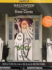 Halloween 2 Ghosts Boo To You Door Cover Wall Decoration 30x72 Timer Lights Up