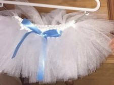 NWOT Infant to 9 Mo Girl Handmade Tutu Crochet Waist Frozen White W/ Blue Ribbon