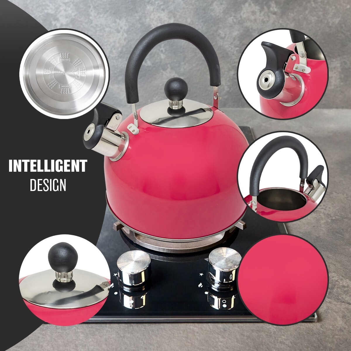 STAIINLESS STEEL LIGHTWEIGHT WHISTLING KETTLE CAMPING FAST BOIL PINK  TEA