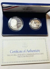 1993 S Bill of Rights 2 Coin Silver Dollar & Silver Half Dollar Proof Set COA