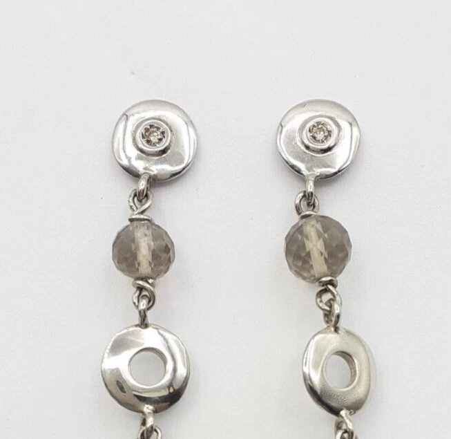 Orecchini quarzo fumè argento 925 diamanti brown ct 0,4 gioiello donna - Immagine 2 di 3