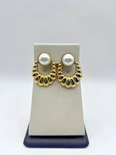 Gold Tone Shell Faux Pearl Stud Earrings