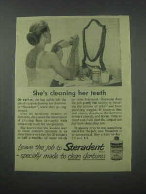 1954 Steradent Denture Cleaner Advertisement - She's cleaning her teeth
