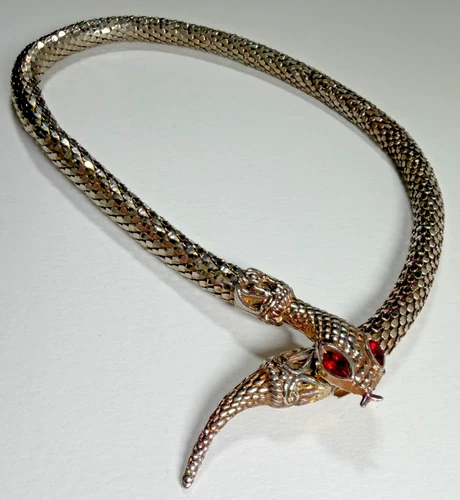Costume Jewelry Vintage mesh silver tone Snake Choker necklace red eyes 20in