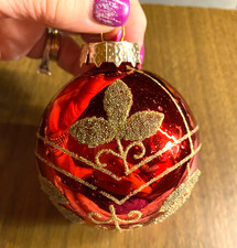 Red Blown Glass Ball w Gold Glass Accents Christmas Ornament 3"