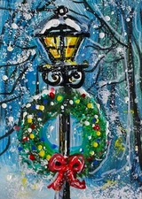ACEO Original WINTER PAINTING Xmas Wreath Street Light Holiday Landscape ATC ART