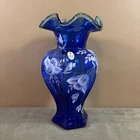 1998 Fenton Glass Cobalt Blue 75th Anniversary Ruffle Vase Hand Painted Signed