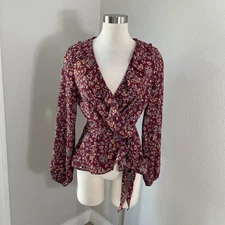 NEW $98 Max Studio Womens Small Floral Ruffle Faux Wrap Blouse Shirt Top