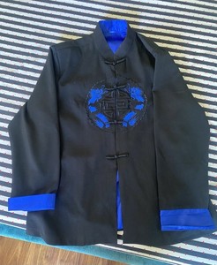 Vintage Dragon Mandarin Martial Arts Kimono Black w/ Blue Dragon Frog Closure