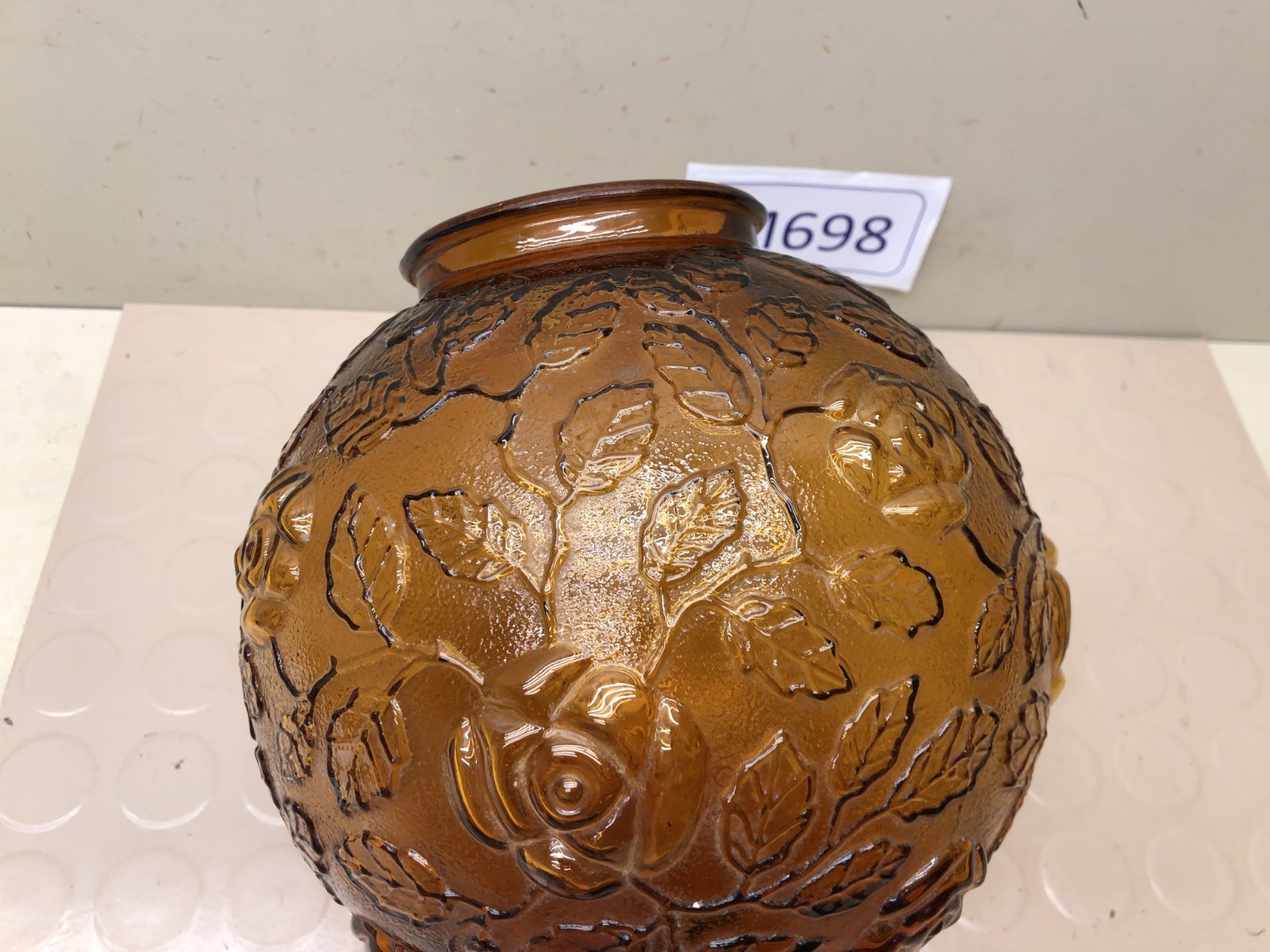 Vintage Glass Light Lamp Round Globe Shade Amber MCM Floral Textured