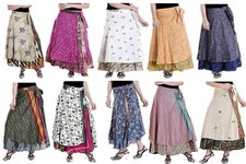 5 PC Long Silk Skirt Indian Vintage Bohemian Colorful Women Wrap Gypsy Hippie