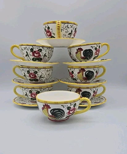 VTG PY Ucagco Early Provincial Rooster & Roses 8 Cups & 7 Saucers