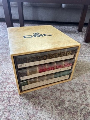 Vintage DMC Thread Floss Wooden Wood 3 Drawer Box Embroidery Storage W/Dividers