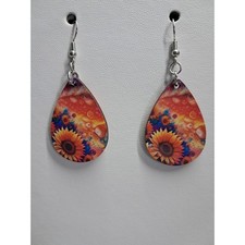 Sunflower Teardrop Wood Dangle Earrings Boho Floral Artistic Orange Blue Yellow
