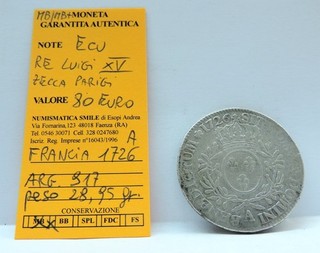 RARA MONETA IN ARGENTO ECU DI LUIGI XV DI FRANCIA 1726 A PESO 28 95 GR. "MB "