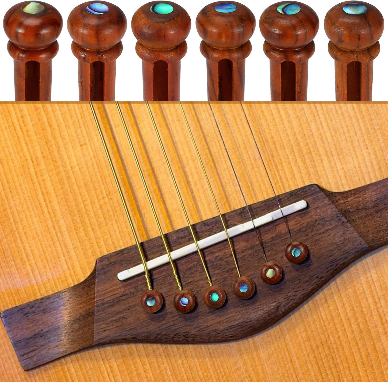 Rosewood Guitar Bridge Pins 6Pc Abalone Dot Acoustic Replacement Set 