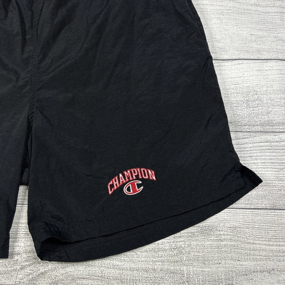 Vintage Champion 90's Shorts Swim Trunks Men's Size Large Black Spellout Logo - Image 2 of 4