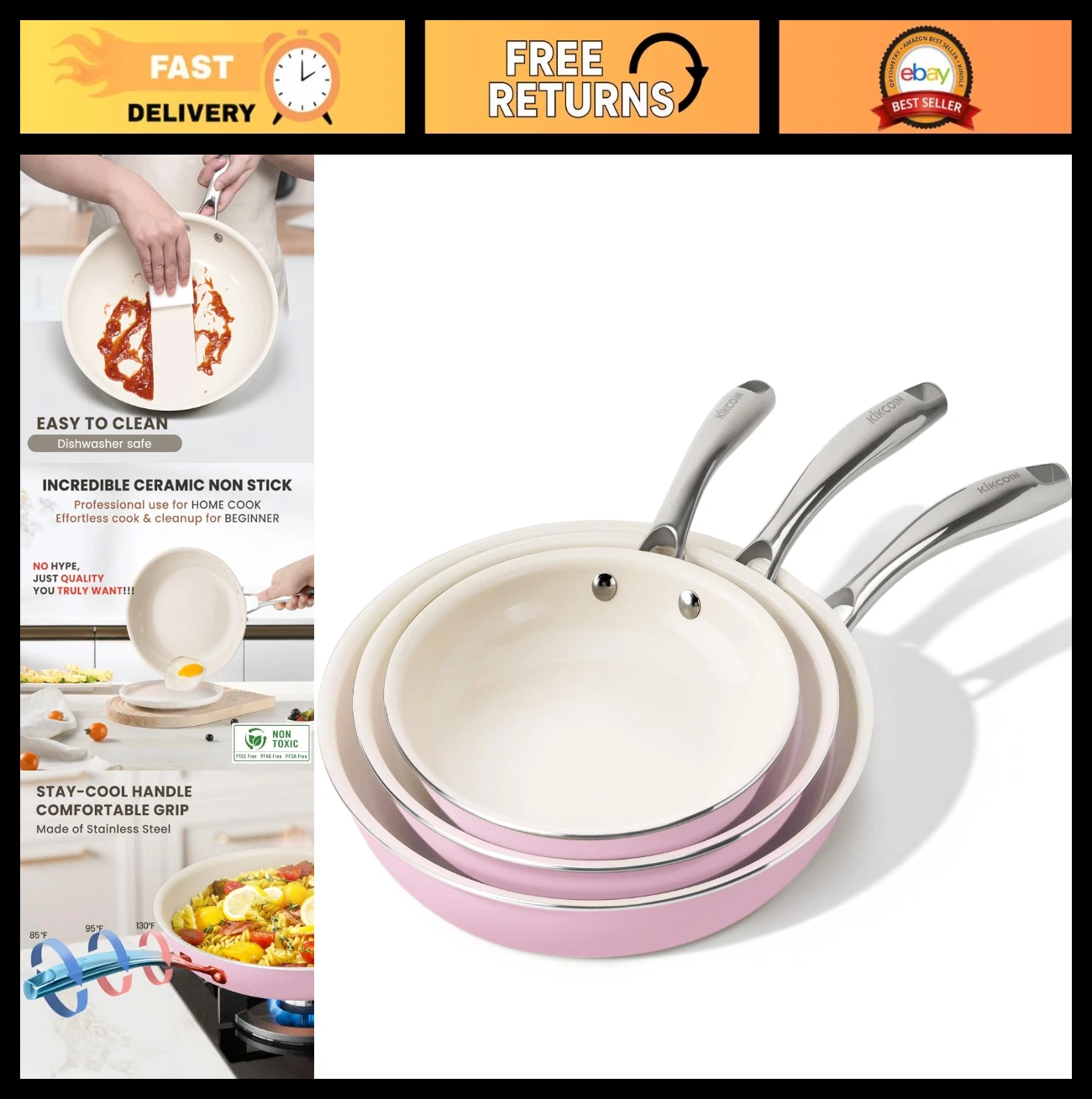 Non-Stick Ceramic Frying Pan Set - 3 Pack, 8" 9.5" 11" Omelet Pans, Stay Cool Ha