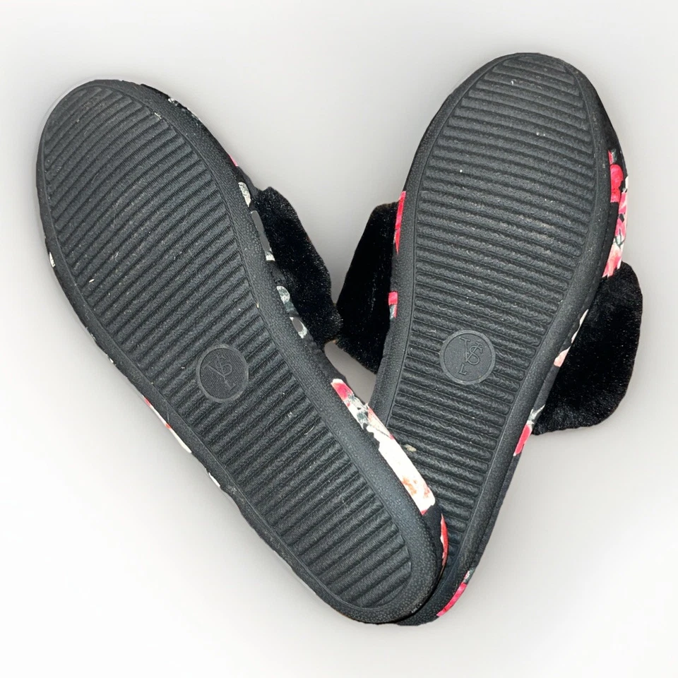 Acogedoras pantuflas Victoria’s Secret satinadas florales de piel sintética negras rojas talla L Foto 3 de 4