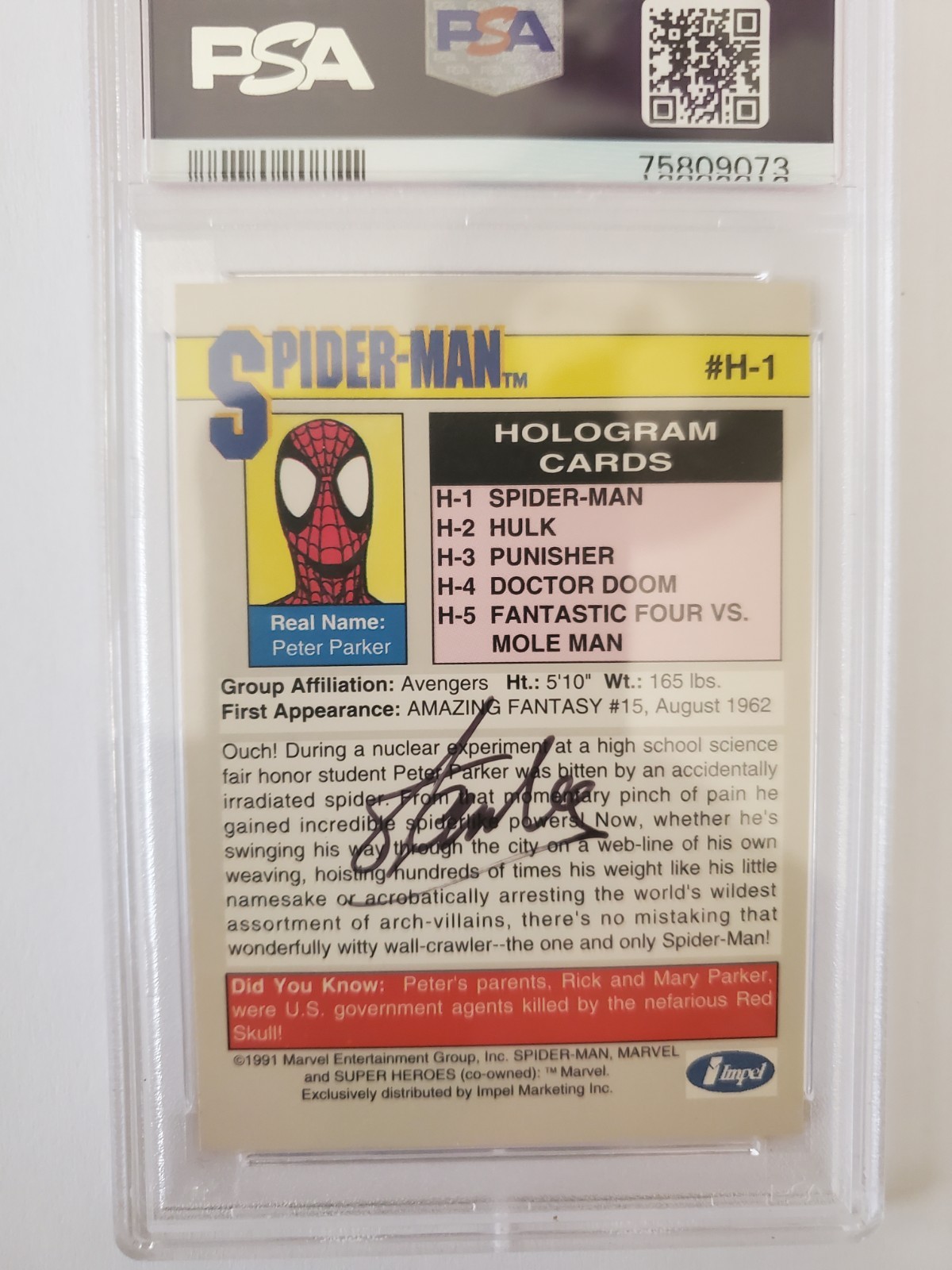 STAN LEE AUTOGRAPH SPIDER-MAN Impel 1991 Marvel Universe H-1  Hologram Stan Lee view 3