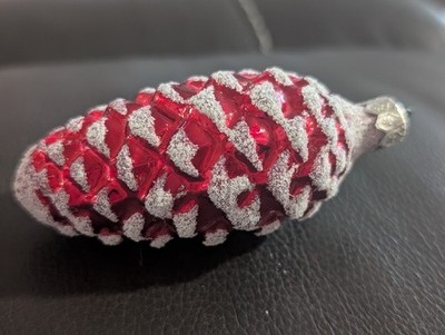 Vintage Blown Glass Red Pine Cone Christmas Ornament Glittered Red Pinecone 