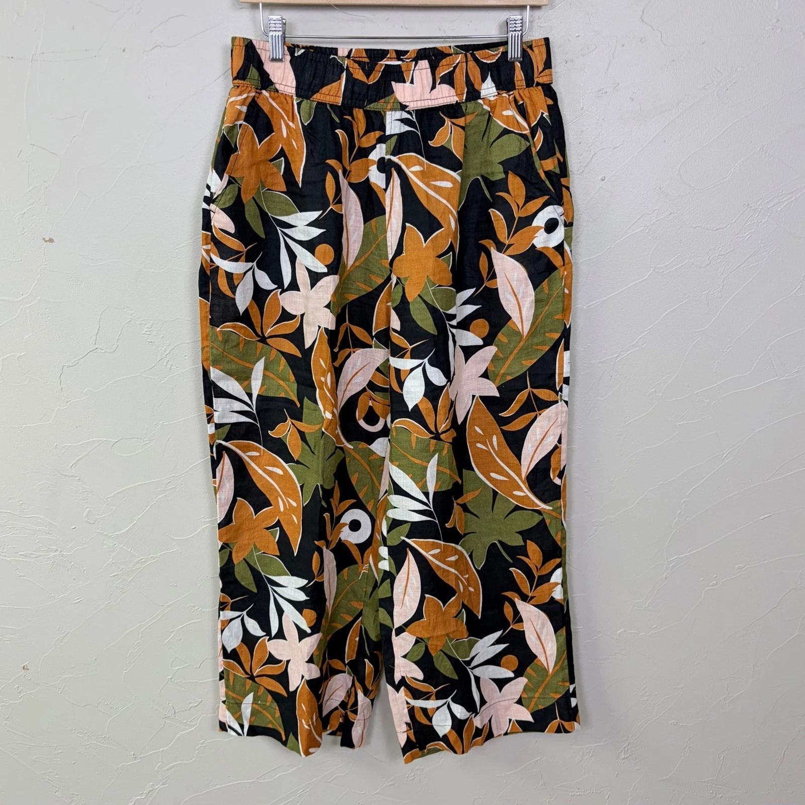 C&C California Linen Wide Leg Pants Cropped Womens Medium Floral Tropical Boho