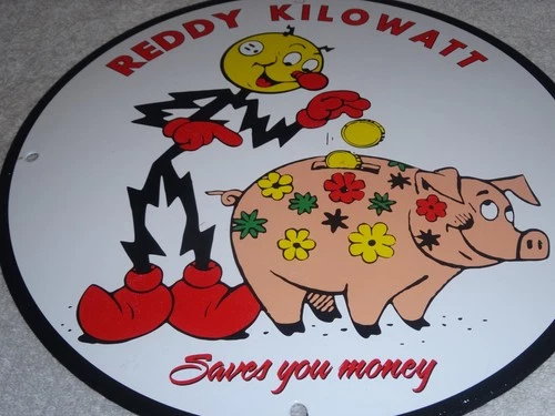 VINTAGE REDDY KILOWATT PIGGY BANK SAVES $$ 11 3/4" PORCELAIN METAL GASOLINE SIGN