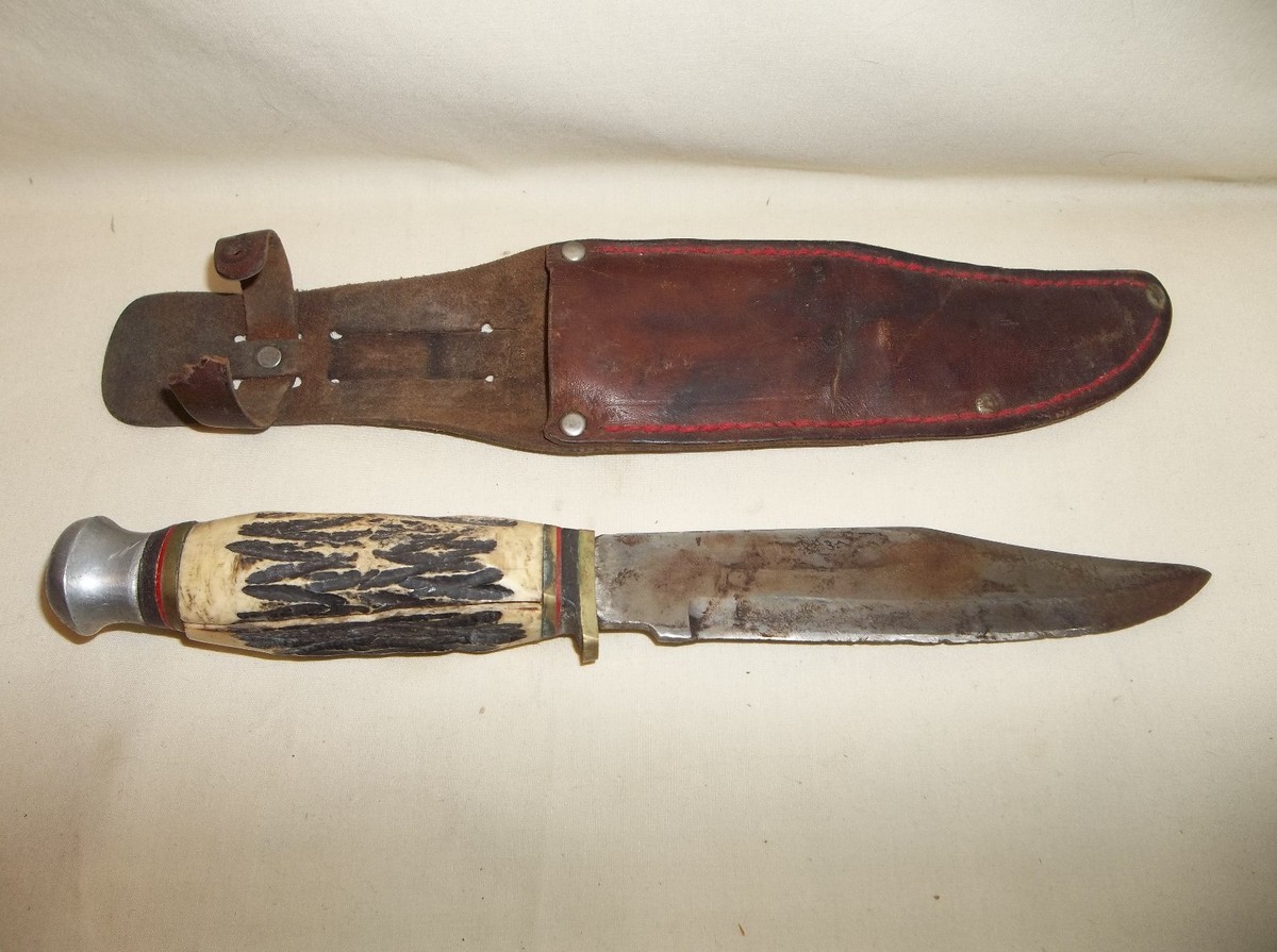 VINTAGE TOTEM FIXED BLADE STAG HANDLE HUNTING KNIFE WITH