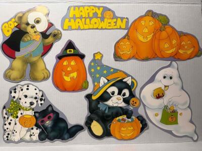 7 Friendly Halloween Diecuts Bear Ghost Cat Pumpkins Pets Greeting Vtg Med Size