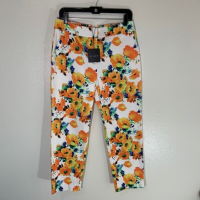 ST. JOHN Dress Pants Emma Fit High Rise Straight Leg Rare Orange Floral 8  $495