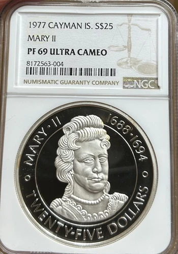 1977 Cayman Islands MARY II $25 Dollars Silver Coin NGC PF69