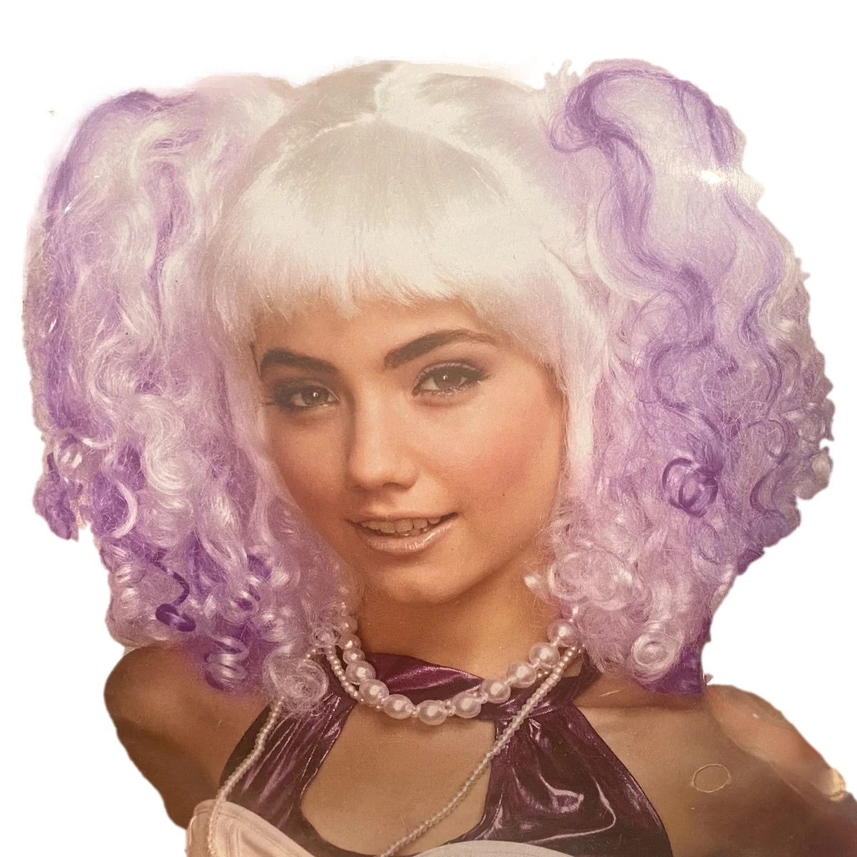 Halloween Womens Big Purple White Curly Pigtails Wig
