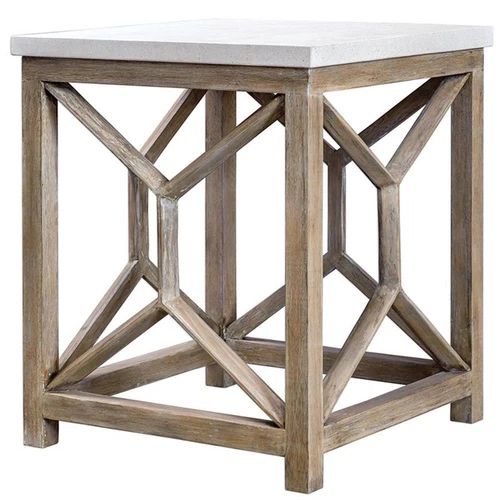 Uttermost Catali 22" Square Wood and Stone Top End Table in Ivory and Oatmeal - Picture 4 of 10