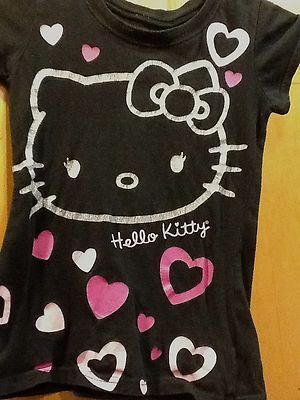 GIRLS HELLO KITTY T SHIRT BLACK WITH SILVER SPARKLY KITTY OUTLINE 6-6X