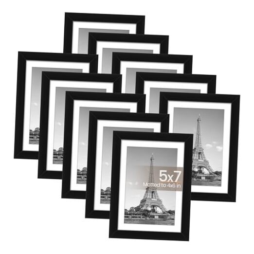 Picture Frame Set of 10, 4x6 with Mat or Without Mat, Multi Photo 5x7 Black