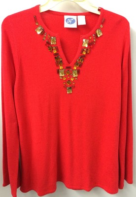 DG2 Diane Gilman Red Embellished Sweater S Jewel Neck Glam Holiday Y2K