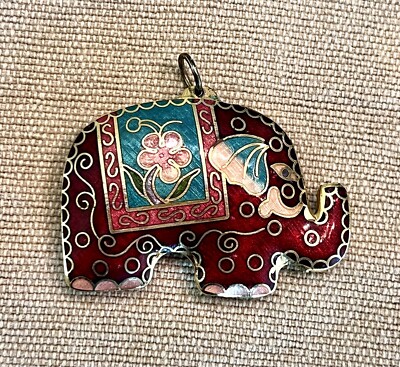 Vintage Cloisonne Elephant Pendant Estate Find Trunks Up Chain Not Included
