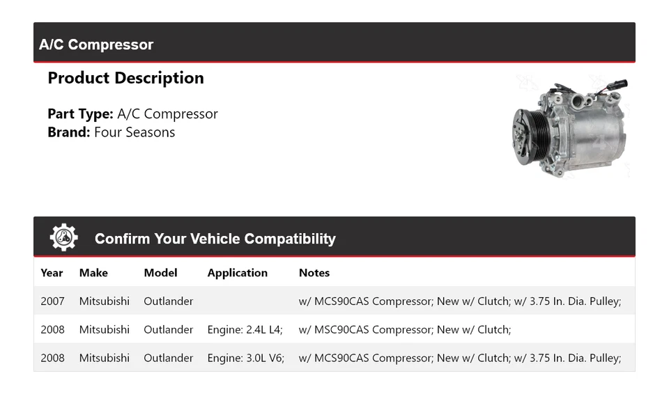 Compresor de aire acondicionado para Mitsubishi Outlander 2007-2008 4 estaciones Foto 2 de 4