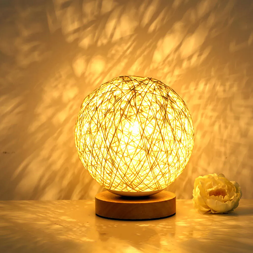 Wooden Table Lamp USB Rattan Balls Bedroom Living Room Bedside Night Lights