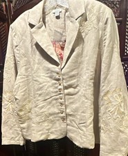 Sundance Shelli PXL Petites Beige Linen Lined Floral Embroidered Button Blazer